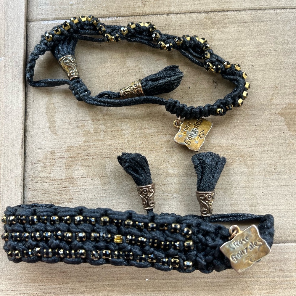 🌟🌟Rose Gonzales 2 Black and Gold Braided Bracelets with Glamorous Accents